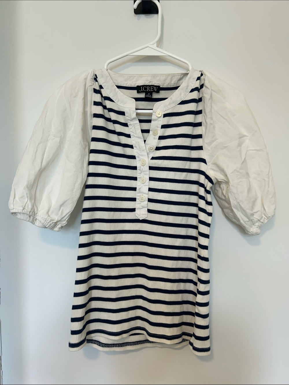 J. Crew White and Navy Striped Puff Sleeve Henley